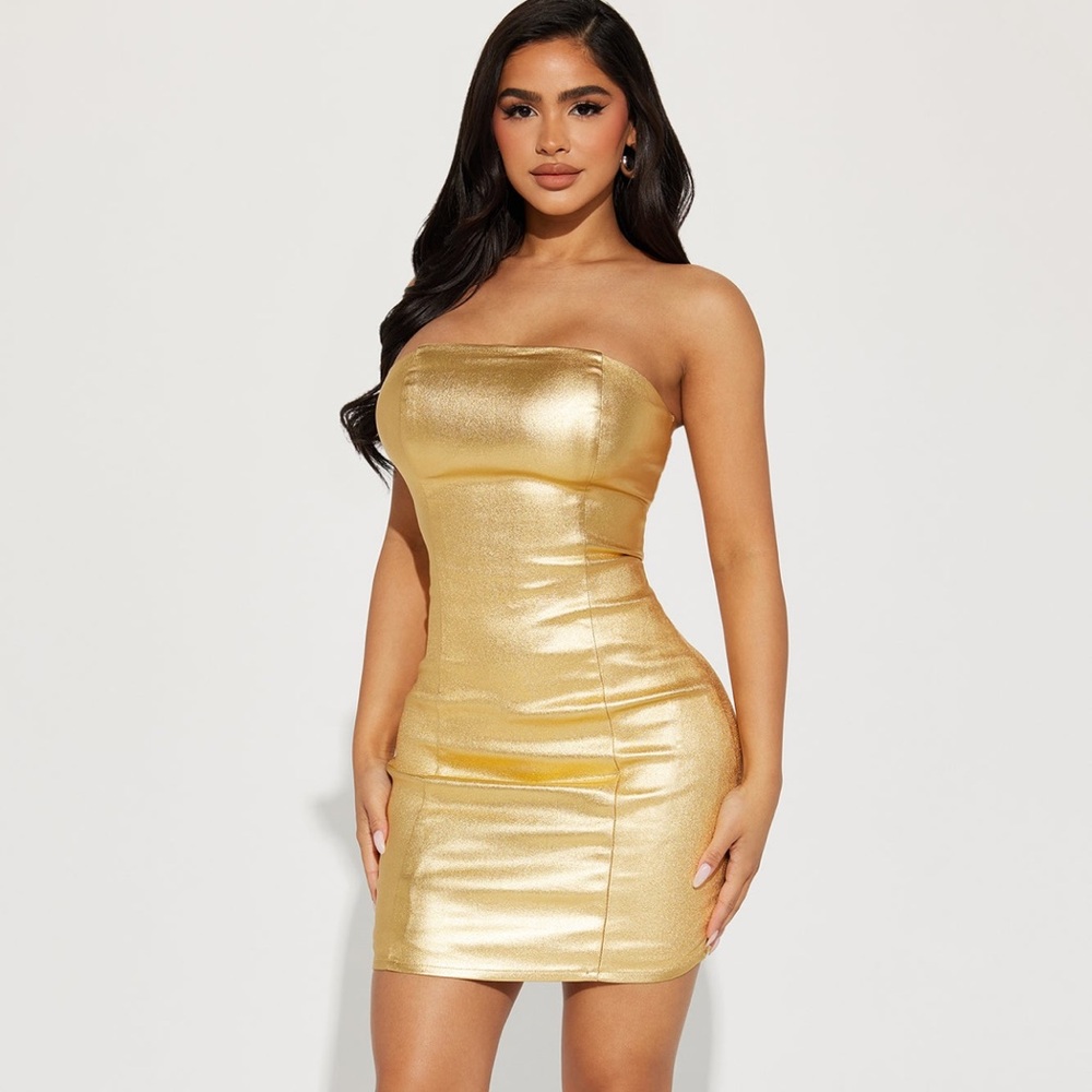 Fashion Nova Metallic Dream Dress in Gold